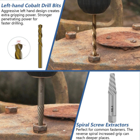 Close-up of a left-hand cobalt drill bit and spiral screw extractor from 49 Piece Bolt And Screw Extractor Set for stubborn nuts.