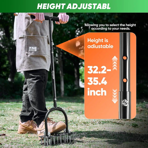 Manual Lawn Aerator Tool With 15 Iron Spikes Adjustable Height And Double Layer Spring Heavy Duty Iron Construction Gloves Included For No Sweat Soil Loosening And Lawn Aeration In Patio Yard Garden Black, shown with adjustable height details