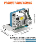 Kickass 2X36 Inch Desktop Belt Grinder And Sander Featuring Infinite Variable Speed For Knife Making with product dimensions and sand belt details.