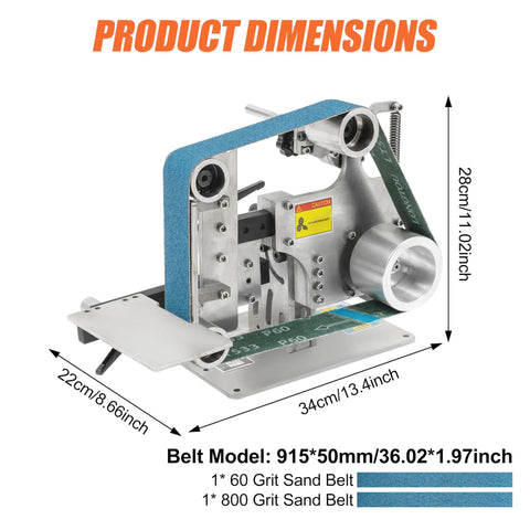 Kickass 2X36 Inch Desktop Belt Grinder And Sander Featuring Infinite Variable Speed For Knife Making with product dimensions and sand belt details.