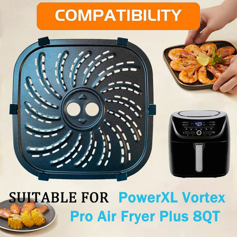 Top Notch Air Fryer Crisper Rack For 8QT PowerXL Vortex Pro Models Heavy Nonstick Grill Tray with Rubber Feet, top view.