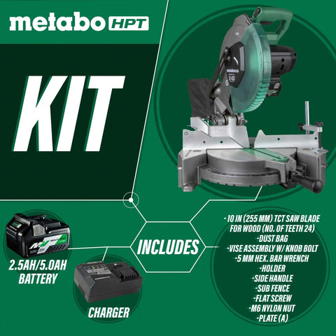 Cordless Miter Saw Kit With 10-Inch Blade, 18V and 36V MultiVolt Battery and Charger, ergonomic design, green accents.