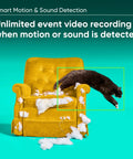 Indoor And Outdoor Plug In Smart Security Camera with AI Motion Alerts in living room with brown dog on yellow furniture.