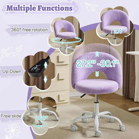 Cute Mini Vanity Chair With Faux Fur Wheels, Adjustable Height Armless Office Desk Stool, 360 Degree Swivel Rolling Makeup And Study Chair For Small Spaces, Girls Cozy Bedroom Purple