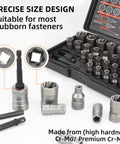 Heavy Duty Bolt Extractor Set 32 Pieces For Stripped Bolts And Lug Nuts The Ultimate Remover Kit displayed with Cr-Mo adapters and sockets.