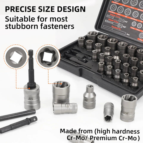Heavy Duty Bolt Extractor Set 32 Pieces For Stripped Bolts And Lug Nuts The Ultimate Remover Kit displayed with Cr-Mo adapters and sockets.