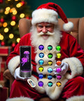 Santa holding Large Round LED Jellyfish Lamp With 18 Color Changing LEDs for holiday decor, remote control visible