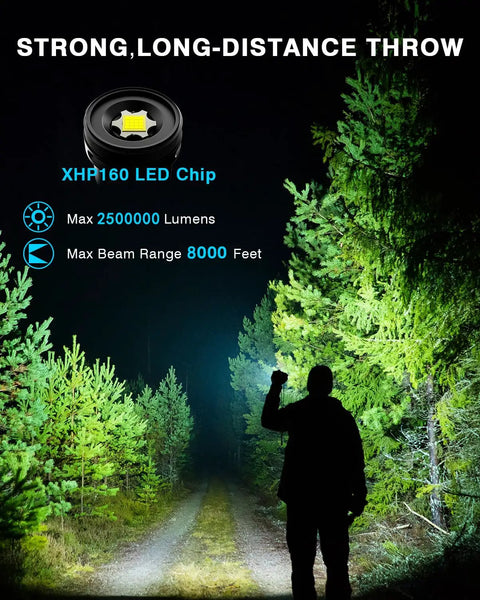Person holding Beast Mode Bright Rechargeable Flashlight Two Point Five Million Lumens Waterproof Tactical LED Handheld in forest.