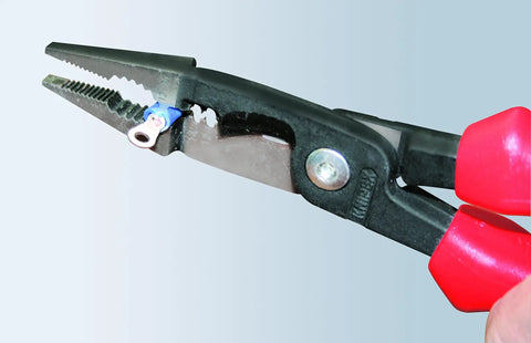 6 In 1 Electrical Installation Pliers With Dipped Red Handle gripping a cable end sleeve