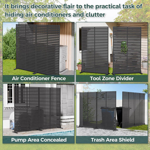 Outdoor Privacy Screen Set Of 2 Interlocking HDPE Panels Freestanding With Stand 72 Inch Height 47 Inch Wide Decorative Privacy Divider For Patio Deck Balcony Pool Backyard Ready Easy Setup used as air conditioner fence, tool divider, pump conceal, trash shield