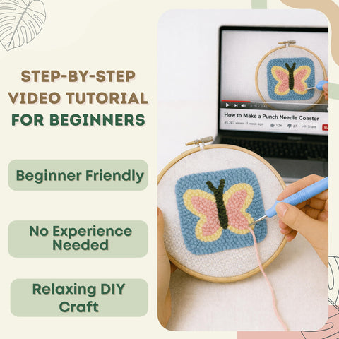 Punch Needle Kit For Beginners And Adults All In One Diy Embroidery Set in use with butterfly design on fabric and tutorial video