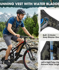 Cyclist wearing hydration backpack with 2L water bladder, lightweight running vest, adjustable chest pack for cycling.