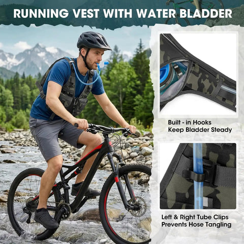 Cyclist wearing hydration backpack with 2L water bladder, lightweight running vest, adjustable chest pack for cycling.