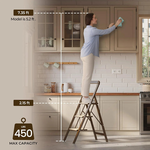 3 Step Folding Aluminum Ladder For Home Use 450 Pound Capacity Lightweight Yet Ridiculously Sturdy Open And Store With Ease Perfect For Indoor Or Outdoor Jobs Sturdy Metal Frame With Non Slip Feet, woman cleaning kitchen cabinet