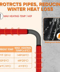 Illustration of Six Foot Water Pipe Heat Blanket Stick On Waterproof Pipe Heater Tape With Aluminum Foil For Straight Water Pipes Freeze Protection Pipe Wrap For Metal And Plastic Pipes 38.5 Inch By 6.2 Inch showcasing temperature protection chart and waterproof material detail.