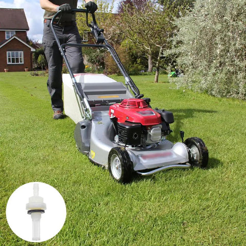 Person mowing lawn with red lawnmower, inset of 6 Pack Universal Gas Tank Joint Filters Replacement Adapters And Fittings For Honda