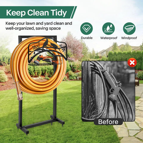 Freestanding Metal Garden Hose Holder With Four Spikes And Detachable Water Hose Hanger Organizer For Outdoor Use