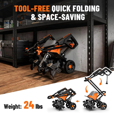 18 Inch Electric Garden Tiller with 9 Inch Tilling Depth stored folded on shelf, showcasing foldable handle and adjustable wheels.