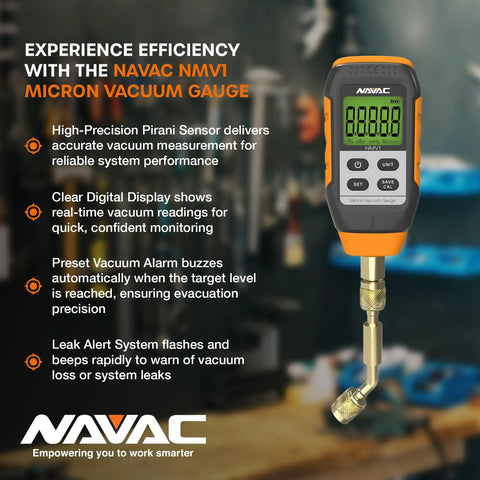 Micron Vacuum Gauge For HVAC With Digital Readout And Level Alarm NMV1 Leakage Warnings Large Backlit Display Pirani Sensor Pro Grade Vacuum Tool For Reliable Leak Detection And HVAC Pros on display