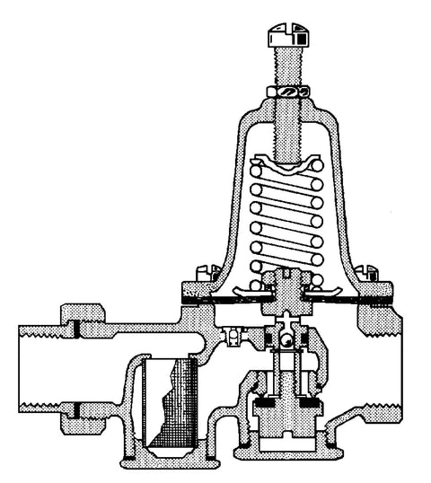 Watts LF25AUB-Z3 water pressure reducing valve cross-section diagram, 3/4 in NPT female unions