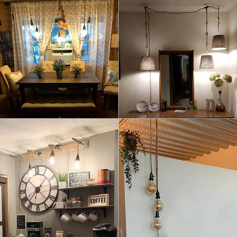 Collage of Triple Pendant Light Cord Kit With Independent Switch Hemp Rope Vintage Hanging Fixture For E26 Bulbs, showcasing decor styles.