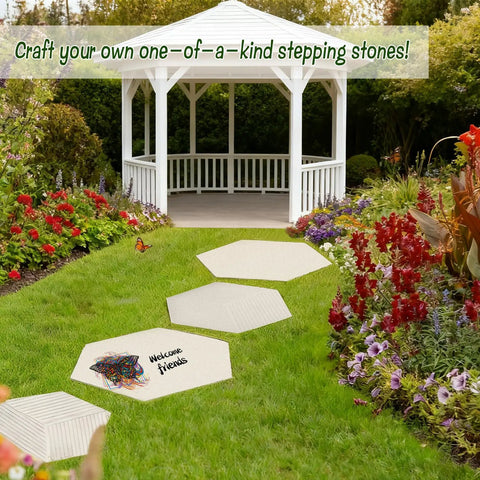 Garden path with hexagon stepping stones made from two-size hexagon stepping stone molds for concrete, leading to a gazebo.