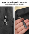 20 Piece Black Zipper Slider Replacement Kit For Luggage Jackets Backpacks And Clothes No Tools Needed Quick Fix with durable pull tabs shown installed on a black backpack zipper.