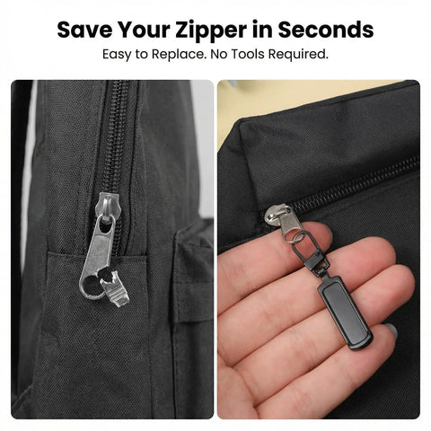 20 Piece Black Zipper Slider Replacement Kit For Luggage Jackets Backpacks And Clothes No Tools Needed Quick Fix with durable pull tabs shown installed on a black backpack zipper.