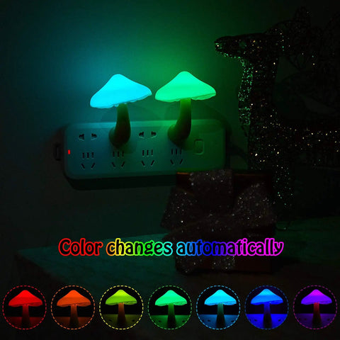 Two Pack Mushroom Night Light Plug In Wall Lamp with Sensor LED Nightlight in multi-color mode, glowing in dark room