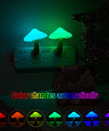 4 Piece Mushroom Night Light Set Plug In LED Night Lamps With 7 Color Mood Lighting in dark room, showing color change