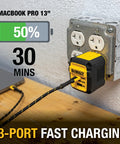 GaN 65W Three Port USB C Charger Block with PPS Fast Charge plugged in, charging devices with 50% in 30 mins