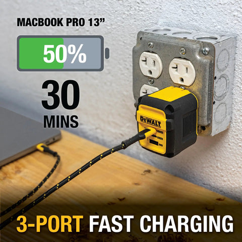 GaN 65W Three Port USB C Charger Block with PPS Fast Charge plugged in, charging devices with 50% in 30 mins