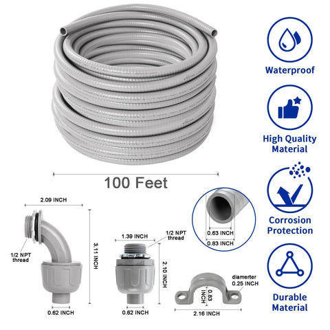 Half Inch Flexible Liquid Tight PVC Electrical Conduit Kit For Outdoor Use, 100 Feet Non Metallic Grey, Pro Grade DIY Friendly