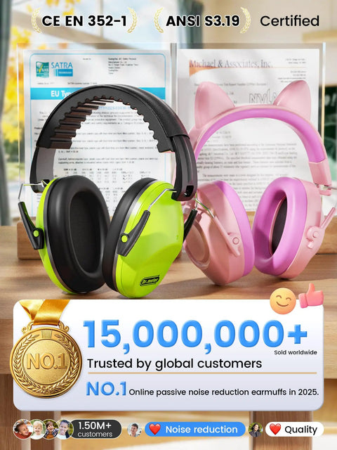 Premium Noise Reducing Earmuffs for Kids and Adults Adjustable EM100 Hearing Protection with Soft Memory Foam Padding Breathable PU Leather, 27.4 SNR, Great for Monster Jam, Concerts, Fireworks and Autism Sensory Needs