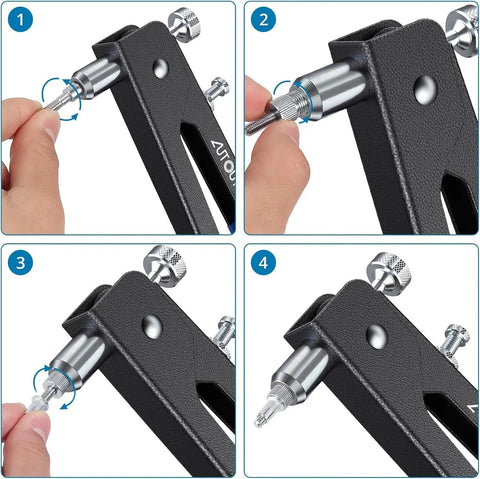 Beefy Heavy Duty Blind Rivet Nut Tool Kit With Hand Riveter setup process with mandrel insertion steps, aluminum body shown