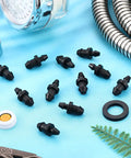 100 Pack One Quarter Inch Drip Irrigation Plugs With Barbed End Caps on blue background, hose fittings visible