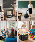 Rolling Teacher Bag With Wheels And Detachable Trolley Fits 17 Inch Laptop shown in classroom setting with students and teacher.