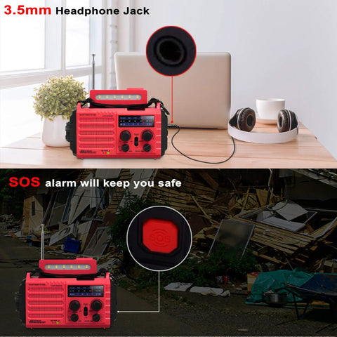 NOAA Weather Radio With Battery Backup And Solar Hand Crank on table, showing headphone jack and SOS alarm feature