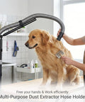 Tool Free Clamp On Dust Collection Boom Arm And Vacuum Hose Mount For Desktop CNC Machines, Table Saws With Adjustable Overhead Support Holder For Shop Vac Hoses Without Tube in use with a dog.