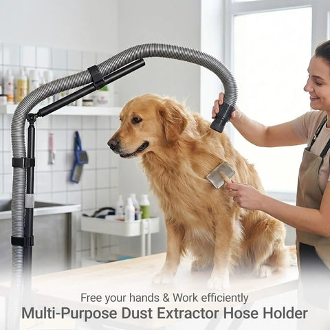 Tool Free Clamp On Dust Collection Boom Arm And Vacuum Hose Mount For Desktop CNC Machines, Table Saws With Adjustable Overhead Support Holder For Shop Vac Hoses Without Tube in use with a dog.