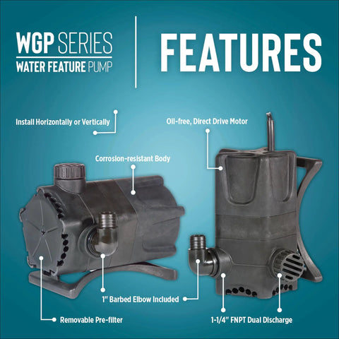 115V Dual Discharge Submersible Pond Pump With Beefy 4280 GPH, features labeled on the black oil-free direct-drive waterproof body