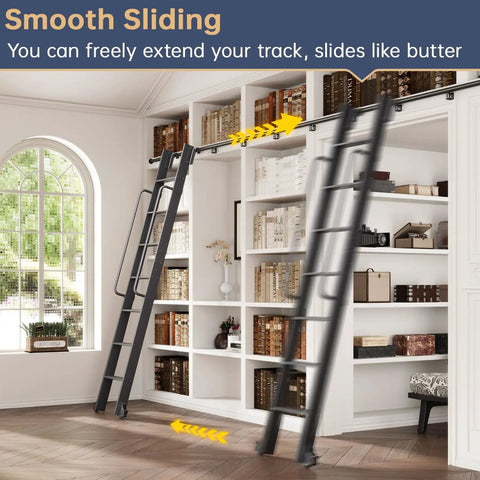 Heavy Duty 9ft Aluminum Rolling Library Ladder With 4ft Sliding Track Kit, 8 Steps With Handrail, Telescopic Hook Track And Brake Wheel, 450lbs Capacity, Black, Easy Assembly For Loft Bookshelf Attic Home Shop ladder on track in white bookshelf room