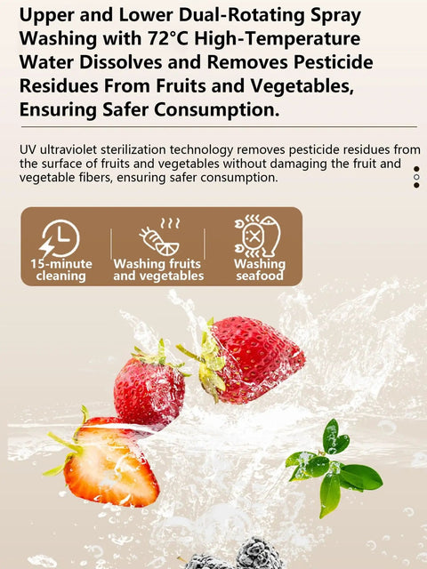 Upper and lower dual-rotating spray washing fruits with 72°C water in a Compact Countertop Dishwasher With No Fuss Setup And 360 Degree Spray For Straight Up Clean Dishes High Temp Wash Plus Auto Hot Air Dry Makes This Portable Washer A Real Game Changer For Apartments RVs And Dorms.
