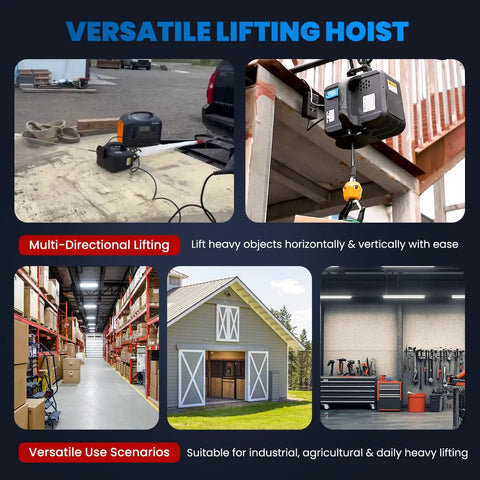 Electric Hoist Pro 1100lb Winch lifting equipment in various settings, showcasing multi-directional lifting and use scenarios.