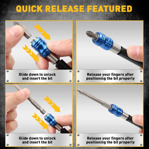 Beefed Up Heavy Duty Drill Bit Extension Set With Magnetic Bit Holder and Aluminum Sleeve Quick Release One Quarter Inch Hex Shank instructions