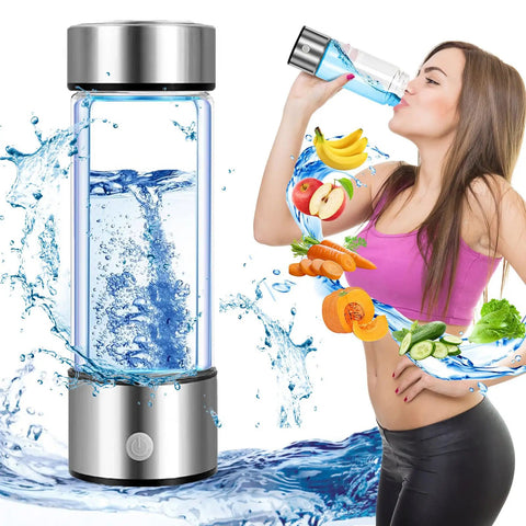 Glass bottle with stainless accents of Hydrogen Water Bottle Generator 2 Pack With SPE PEM Tech Water Ionizer next to woman drinking