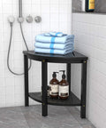 Bamboo Corner Shower Stool Bench Waterproof With Storage Shelf For Bathroom And Inside Shower Perfect Seat For Shaving Legs Easy To Clean Non Slip Black in corner with towels and shampoo on shelf