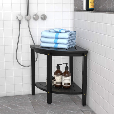Bamboo Corner Shower Stool Bench Waterproof With Storage Shelf For Bathroom And Inside Shower Perfect Seat For Shaving Legs Easy To Clean Non Slip Black in corner with towels and shampoo on shelf