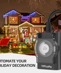 Outdoor Weatherproof Timer Outlet With 24 Hour Mechanical Light Timer in front of holiday-decorated house with lights