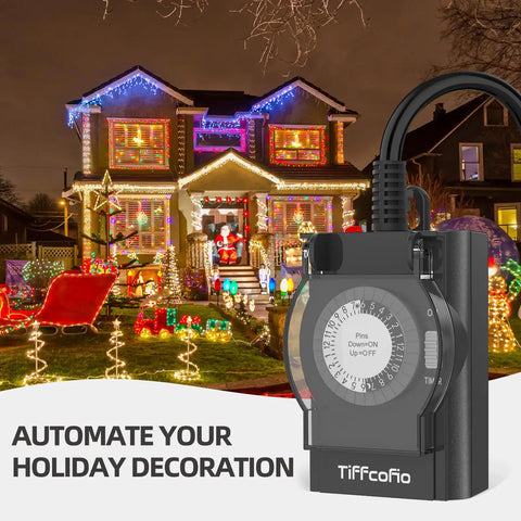 Outdoor Weatherproof Timer Outlet With 24 Hour Mechanical Light Timer in front of holiday-decorated house with lights